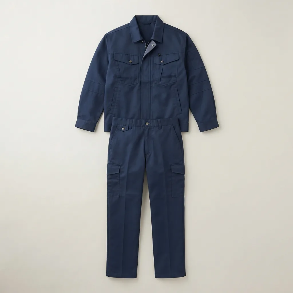 Navy coordinated warehouse uniform set with zip-front jacket and matching trousers