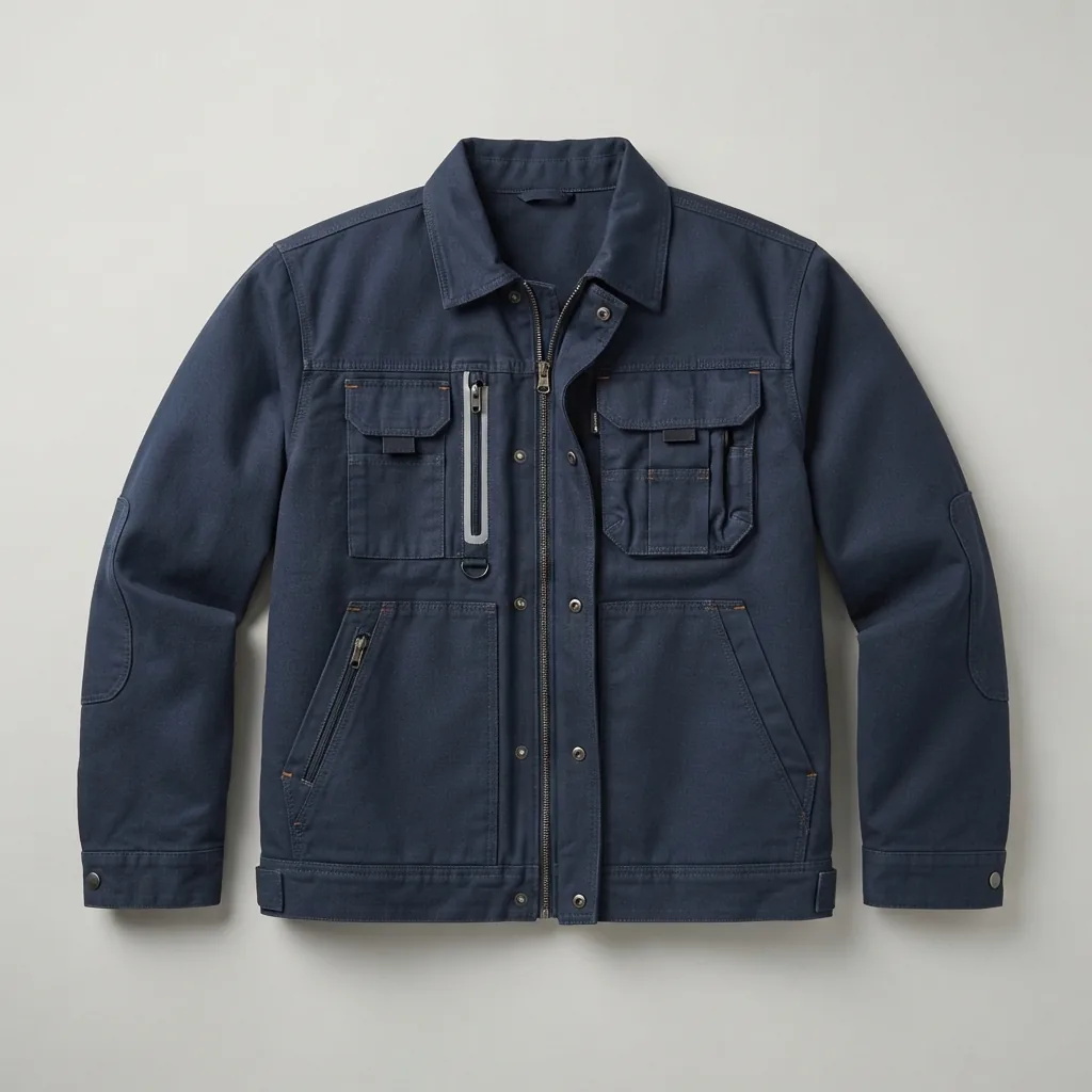 Navy utility work jacket with storm-flap zip front and multi-pocket layout