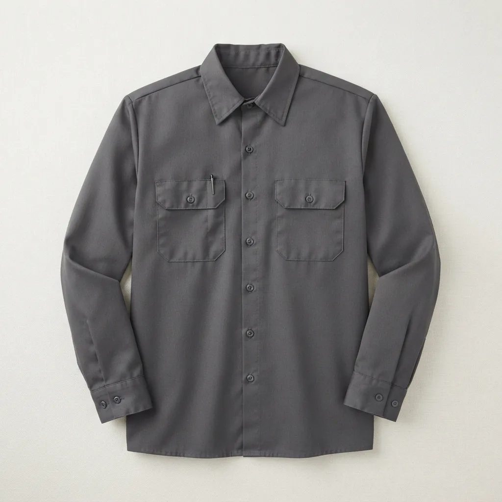 Charcoal long-sleeve work shirt with twin flapped chest pockets and button front