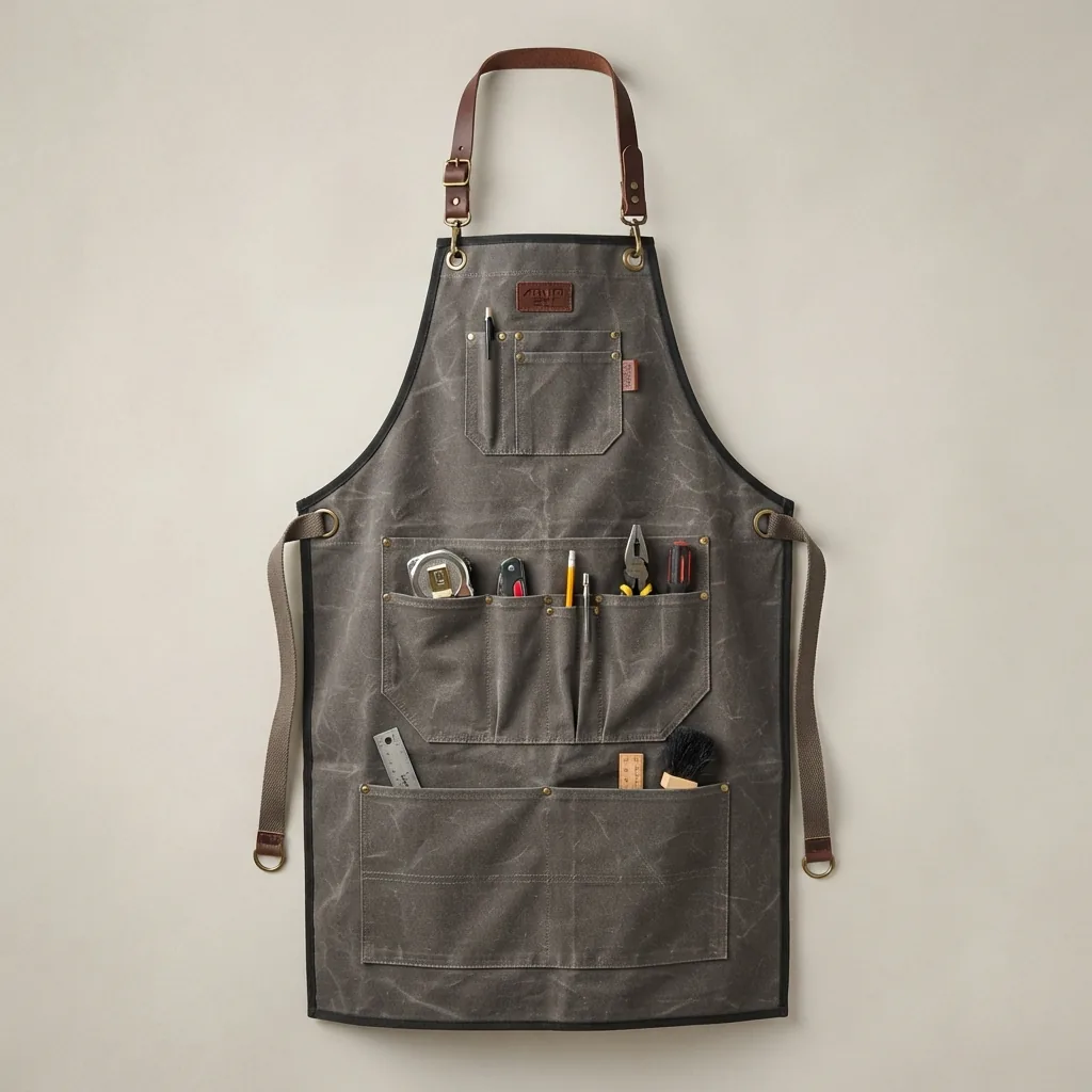 Charcoal workshop apron with leather neck strap, tool pockets and waist ties