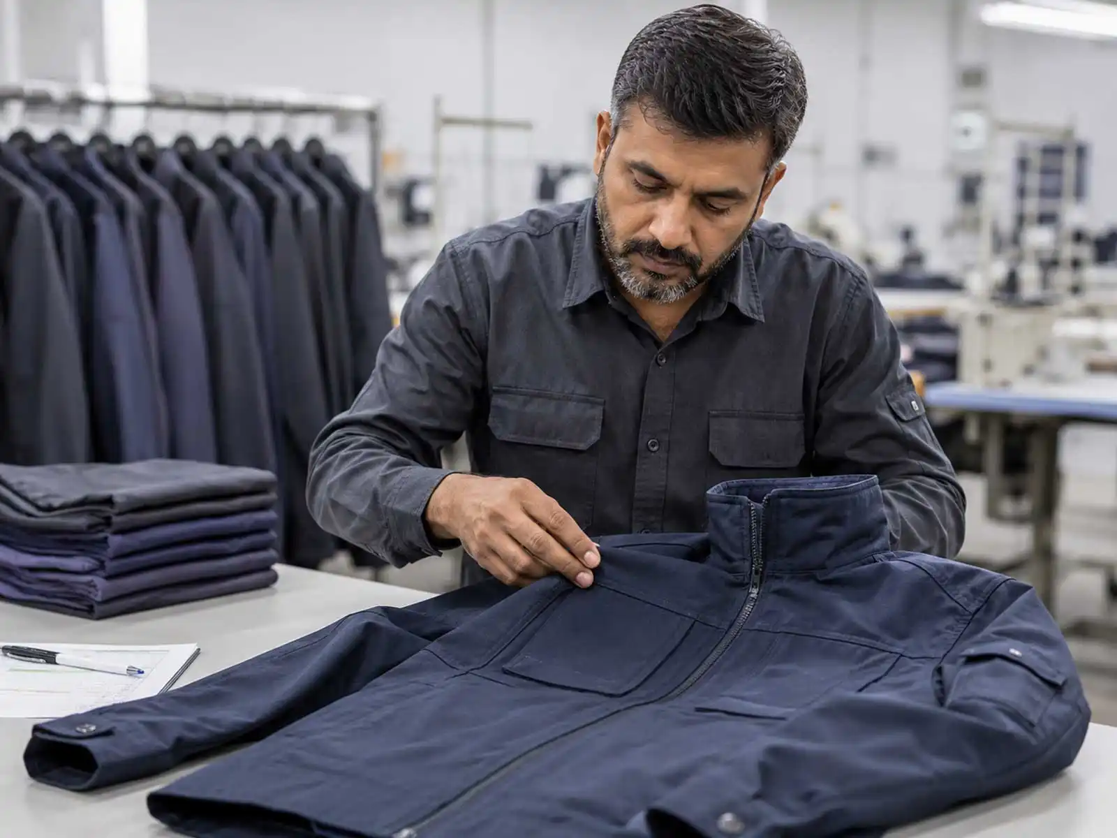 Quality inspector reviewing construction and finishing on workwear garments